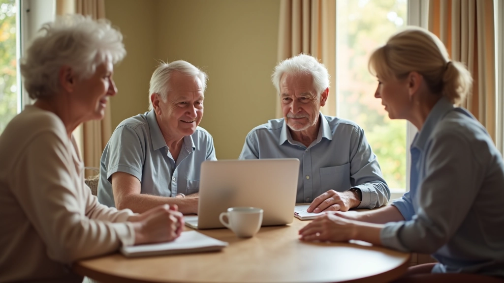 Family members gathered together discussing senior care financial planning documents at home