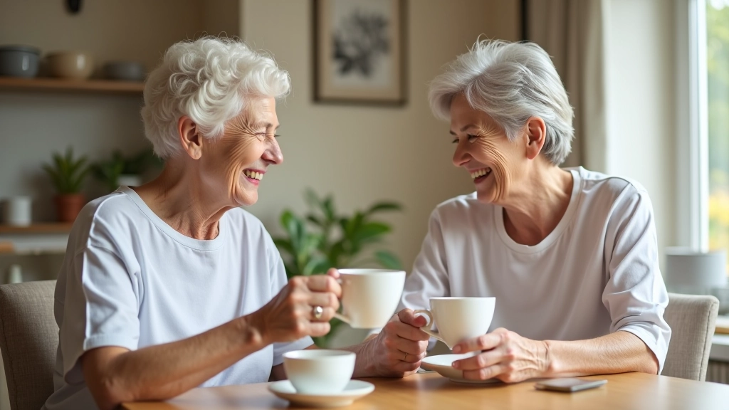 Senior woman and caregiver having tea together in bright living room, laughing and enjoying conversation