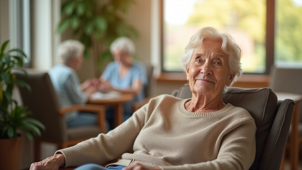 Senior resident seated comfortably in modern nursing home common area with natural lighting and comfortable furniture